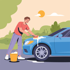 Naklejka premium Man washing a blue car with a sponge and a bucket of soapy water in an outdoor setting on a sunny day