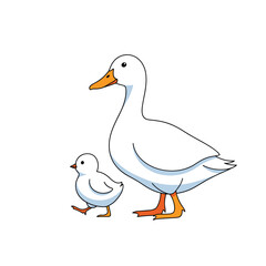 Obraz premium Adorable white duckling following its mother in a charming outdoor scene