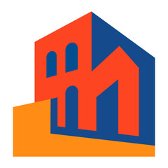 A building with a blue and orange roof. The building is a house.