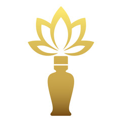 A gold flower with a green stem is on a white background. The flower is surrounded by a gold vase.
