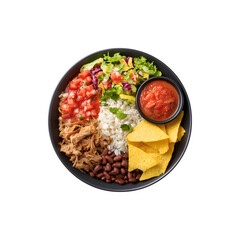 Mexican bowl with pulled pork, rice, beans, salad, tomato sauce, and tortilla chips

