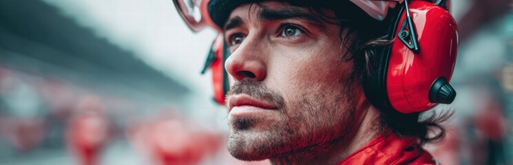 Obraz premium The focused driver is wearing a helmet and red earmuffs while anticipating the race ahead.