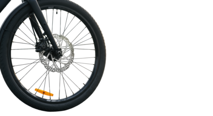 modern bicycle wheel with black knobby tire, sleek silver rim, and disc brake, swiftly moving on a blurred urban bike path, sharp focus, vibrant, concept of urban mobility