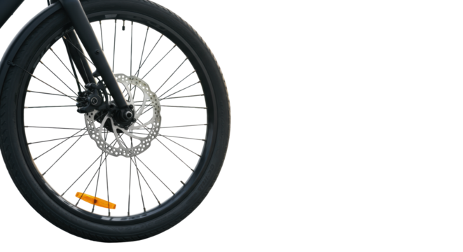 modern bicycle wheel with black knobby tire, sleek silver rim, and disc brake, swiftly moving on a blurred urban bike path, sharp focus, vibrant, concept of urban mobility