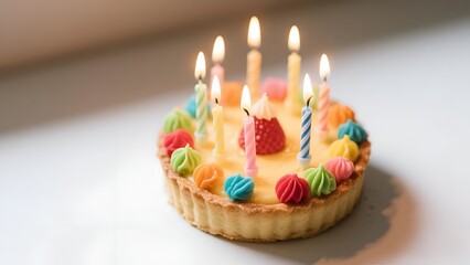 Colorful Birthday Cake with Candles and Festive Decoration on White Background