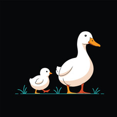 A mother duck and her duckling walking together through the grass