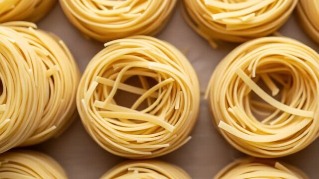 Closeup of fresh tagliatelle nests showcasing rich texture and vibrant patterns in high definition