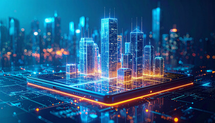 Fototapeta premium Digital Cityscape on Screen: A glowing digital cityscape superimposed upon the sleek surface of a tech device, its neon lights reflecting a vibrant metropolis.