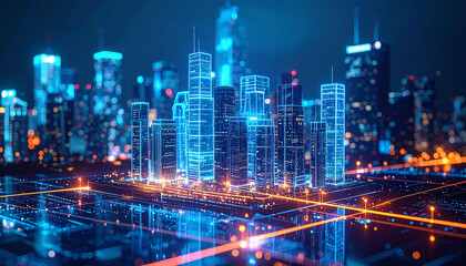 City of Digital Tomorrow: A futuristic cityscape illuminates, showcasing an advanced network that connects every aspect of urban life. Neon lights carve intricate patterns across skyscrapers. 