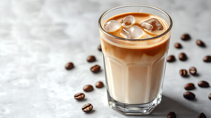 Tall glass of iced coffee with milk and coffee syrup, filled with ice cubes, placed on light gray surface with scattered coffee beans around it, evoking refreshing and creamy coffee beverage