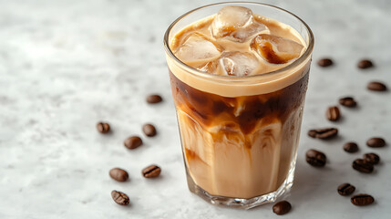 Glass of iced coffee with milk and ice cubes on light surface, surrounded by scattered coffee beans, creating refreshing and inviting beverage scene