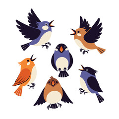 Obraz premium Collection of six colorful cartoon birds in various singing poses