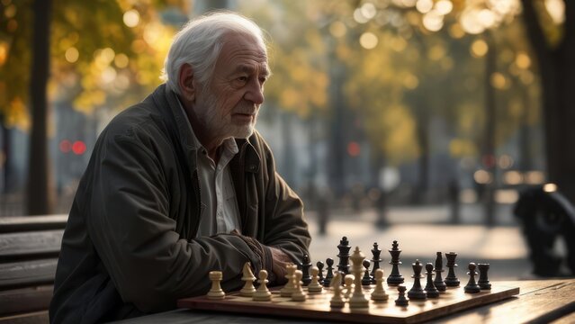 Senior man playing chess outdoors