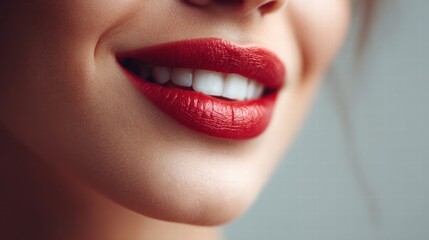 Fototapeta premium A beautiful woman with perfect white teeth and bold red lips smiles.
