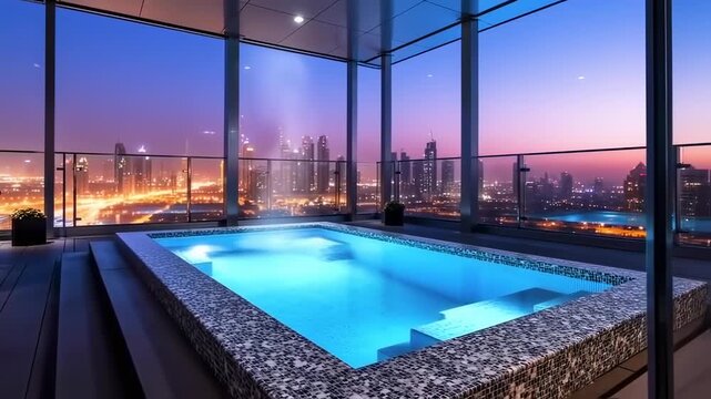 Luxury Rooftop Pool with Spectacular City Skyline View at Twilight - Dubai