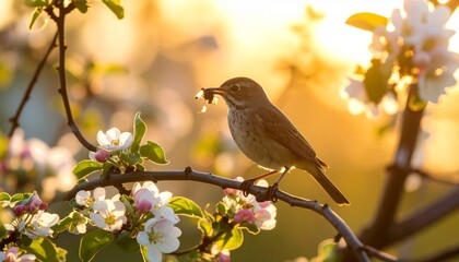 A bird perches on a blossoming branch at golden hour, clutching an insect in its beak—evoking ritual, survival, and the choreography of life within a soft, luminous atmosphere of renewal.