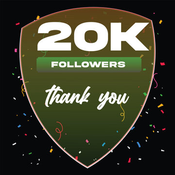20K Followers Thank you Elegant poster with confetti in sheld vector design and isolated on black background. Vector illustration art EPS editable file seamless art followers celebration with confetti