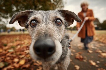 Fototapeta premium Curious dog on autumn walk with elderly female caucasian companion in park