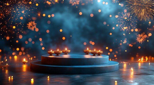Row of lit diyas on a platform with fireworks and bokeh lights oil lamp candle
