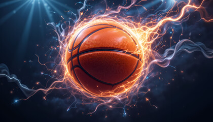 Dynamic basketball bursting with energy, glowing with vibrant flames, perfect for sports designs