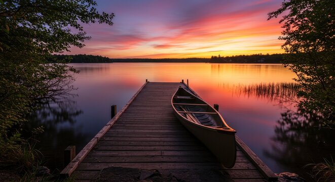 A canoe rests on a wooden dock at sunset over a calm lake with trees framing the scene - Powered by Adobe