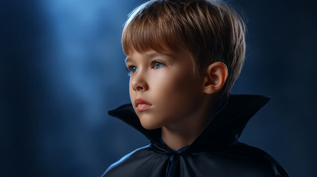 Little kid dressed as vampire for Halloween costume looks thoughtful with blue eyes and dark cape in moody setting