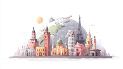 Obraz premium Global Landmarks Collection with Earth and Airplane