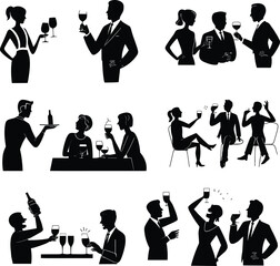 Silhouette people drinking wine, social gathering vector, bar party illustration, friends celebration, restaurant date, nightlife design, elegant dinner, cocktail party graphic