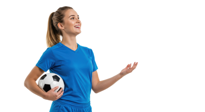 Young caucasian woman, early 20s, athletic build, wearing blue jersey and shorts, hair in ponytail, holding soccer ball, smiling confidently upwards on a transparent studio background. Concept of