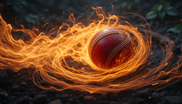 Fiery cricket ball engulfed in flames, dynamic sports concept, burning energy