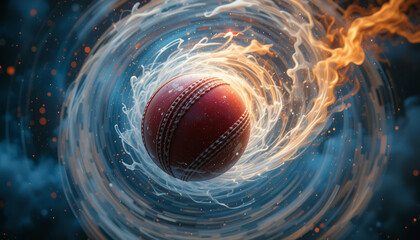 Dynamic cricket ball soaring through swirling energy, capturing the essence of sport and power