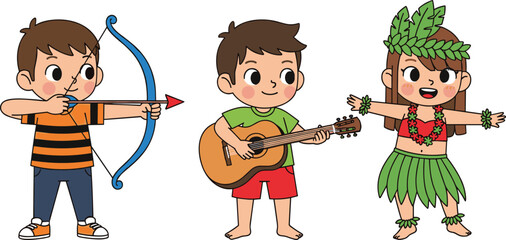 Cartoon Kids Performing: Archery Boy, Guitar Playing Boy, Hawaiian Girl Dancing Hula in Costume - Fun Cultural and Activity Illustration