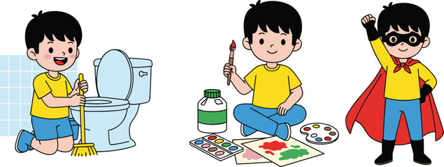 Cartoon boy doing house cleaning, painting artwork, and wearing superhero costume, kids daily activities vector illustration for learning themes. © DesignSoul