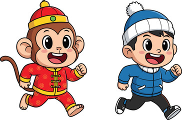 Cartoon boy and monkey running in winter and traditional outfits, perfect for kids designs, animation scenes, and playful vector art.