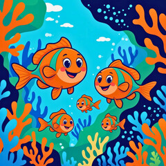Vibrant underwater scene with cute cartoon fish and coral reef illustration
