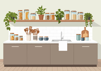 A modern kitchen counter with cabinets, shelves stocked with jars, utensils, and potted plants, featuring a sink and white subway tile backsplash