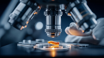 Fototapeta premium Close-up of microscope examining micro organism or worm on glass slide in laboratory 
