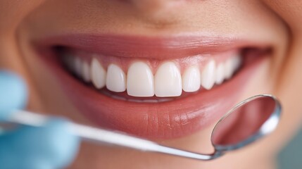 Fototapeta premium A close-up shows a beautiful smile with perfect, white teeth, ready for a dental checkup.