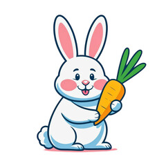 Obraz premium Cute cartoon white bunny rabbit holding a fresh carrot vector illustration for easter and spring celebrations