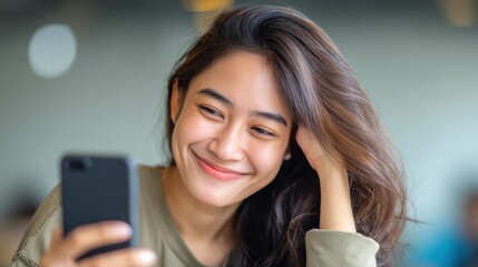 Fototapeta premium A beautiful Asian woman smiles while looking at her phone indoors.