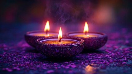 Three lit diyas with purple glitter and smoke on dark background oil lamp candle