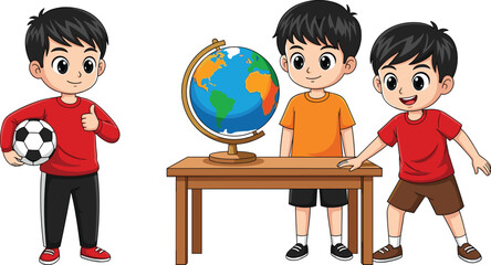 Cartoon Boys Learning and Playing – Kids with Globe and Soccer Ball – Educational and Fun School Activity Vector Illustration
