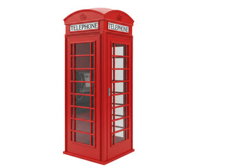 Pristine, iconic British K6 red telephone booth with crown, door ajar, isolated on transparent high-key studio background, vibrant red, sharp focus, concept of timeless British heritage.