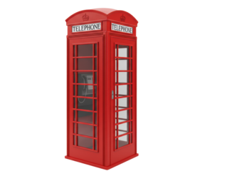 Pristine, iconic British K6 red telephone booth with crown, door ajar, isolated on transparent high-key studio background, vibrant red, sharp focus, concept of timeless British heritage.