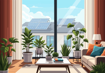 Obraz premium Bright Living Room with Solar Panels and Lush Indoor Plants A Sustainable Home Concept