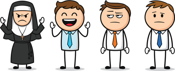 Cartoon Characters Showing Emotions – Angry Nun, Happy, Bored, and Sad Businessmen – Funny Expression Vector Illustration Set