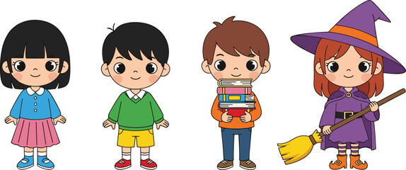 Cartoon children including girl in witch costume with broom, boy with books, and cute kids in school clothes, vector set.