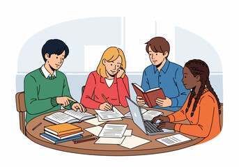 The concept of focused teamwork as diverse students engage in a collaborative study session with books, notes, and a laptop