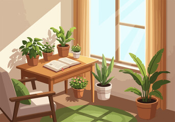 Sunlit Sanctuary A Cozy Corner with Plants and Open Book, Inviting Relaxation and Calmness into Your Home