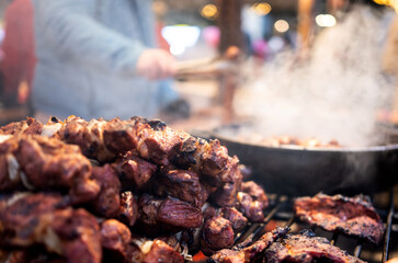 Grilled Skewered Meat On Street Food Market